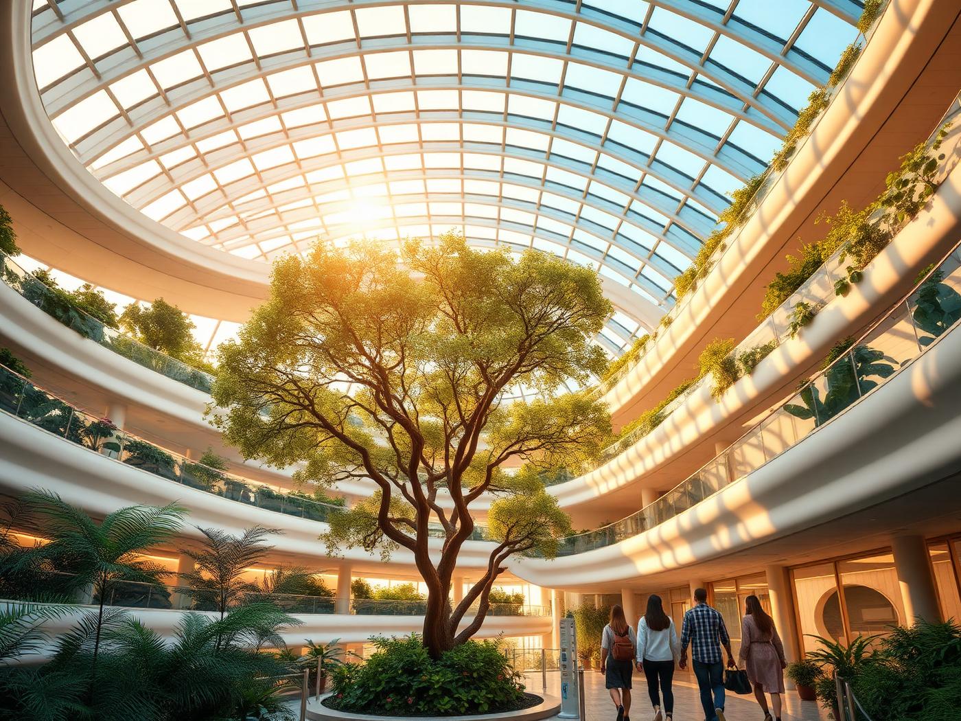 A bright hospital atrium with a tree growing under a glass roof