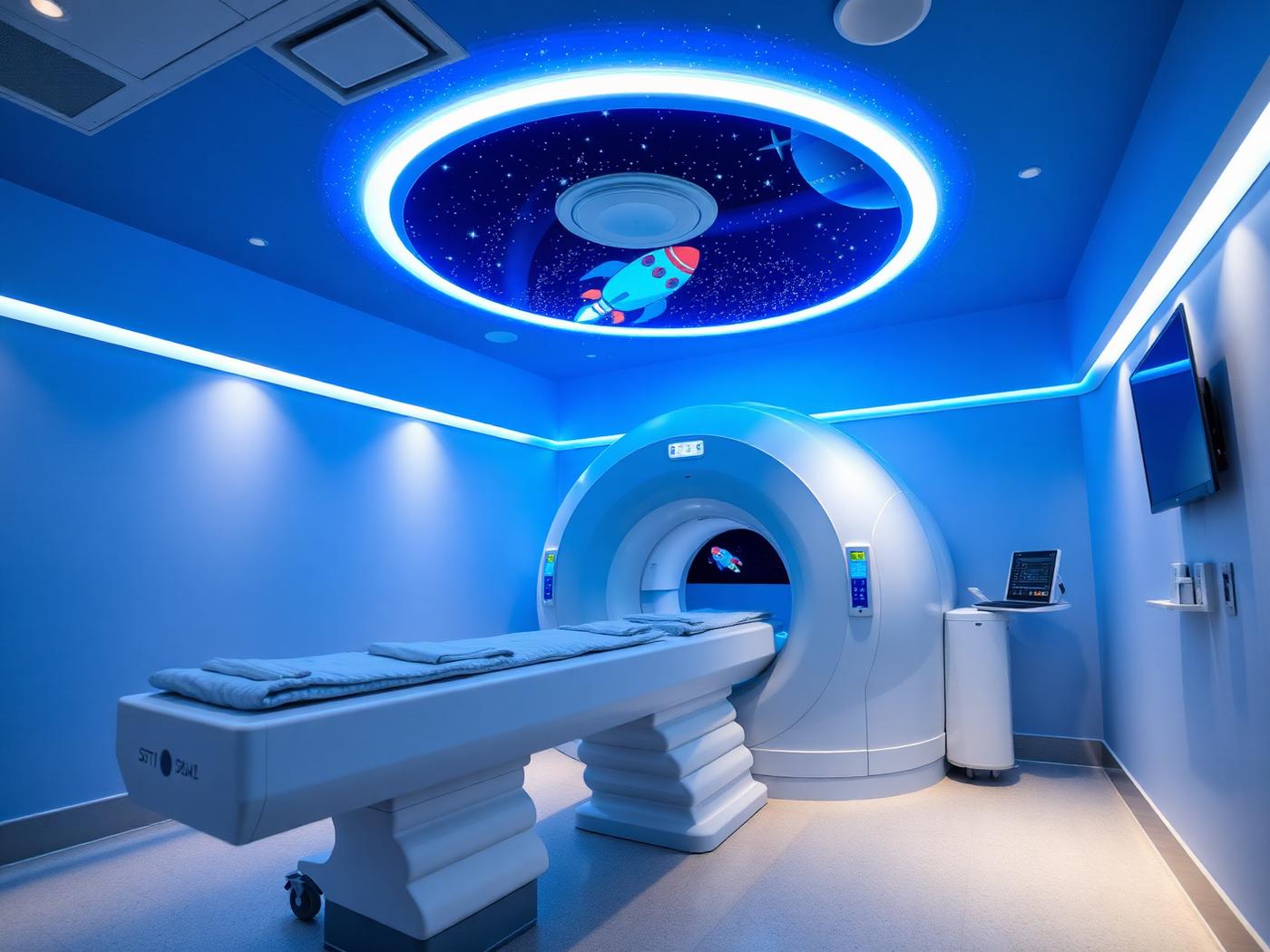 A children's MRI suite decorated with a rocket and a starry ceiling