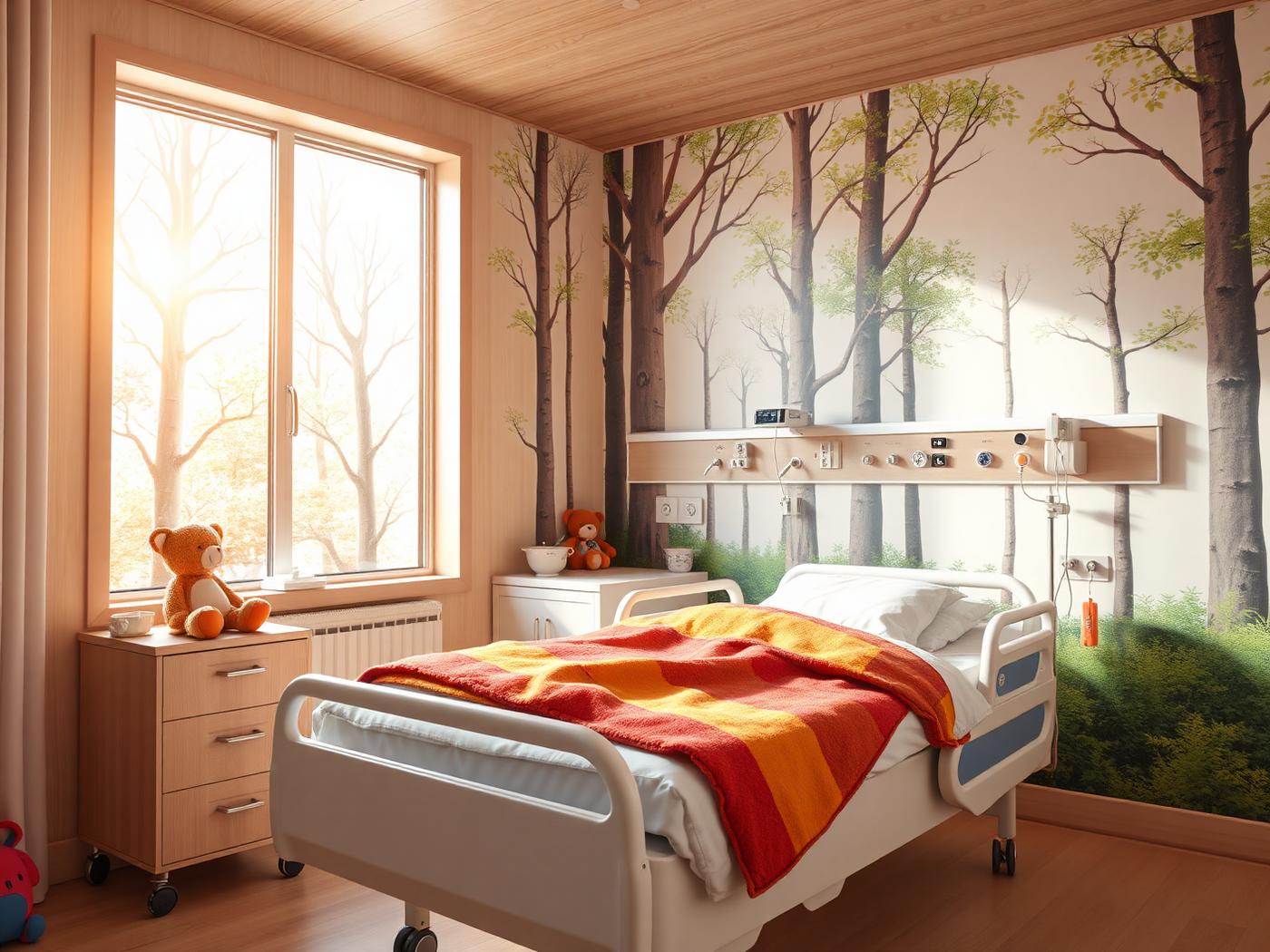 A children's hospital room painted like a forest, with sunlight and soft toys