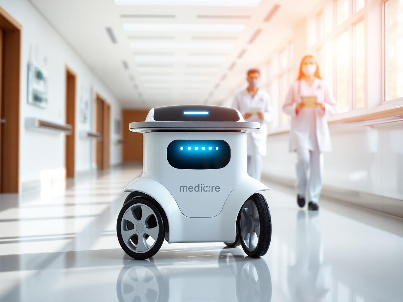 A small white delivery robot rolling down a sunlit hospital corridor
