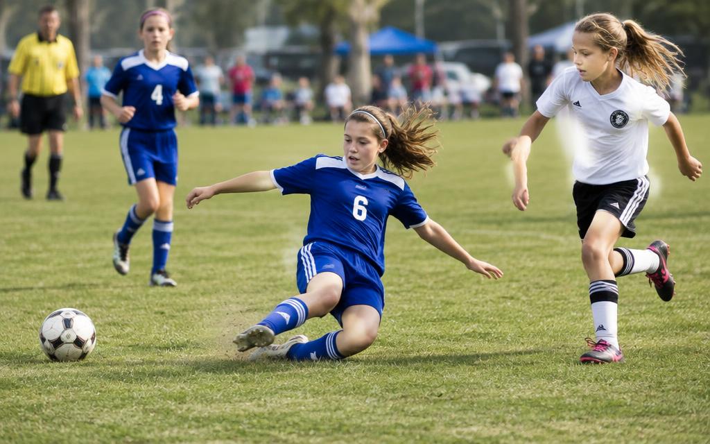 A young soccer player sliding on the grass as she tries to turn