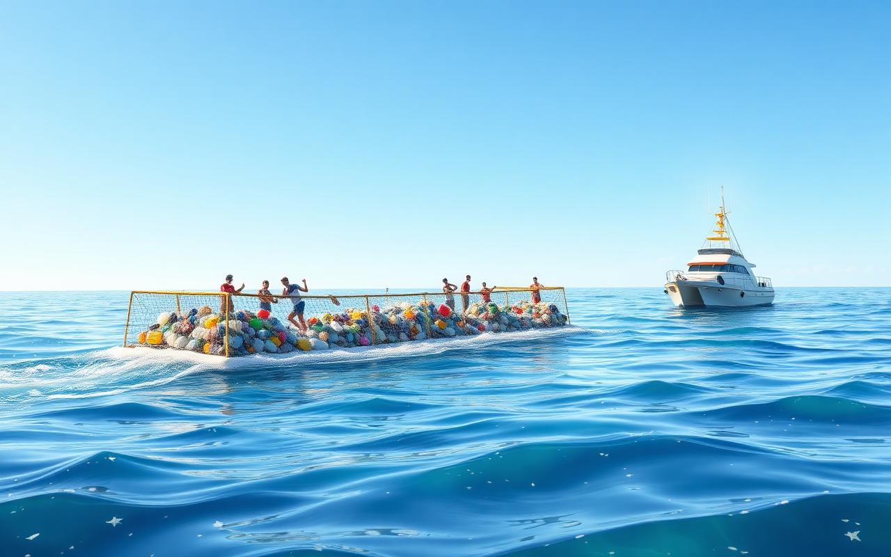 A floating barrier collecting plastic from the sea