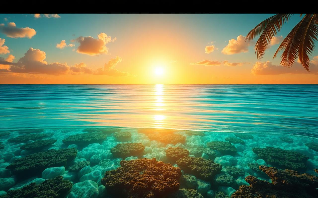 Sunrise over a calm ocean shoreline