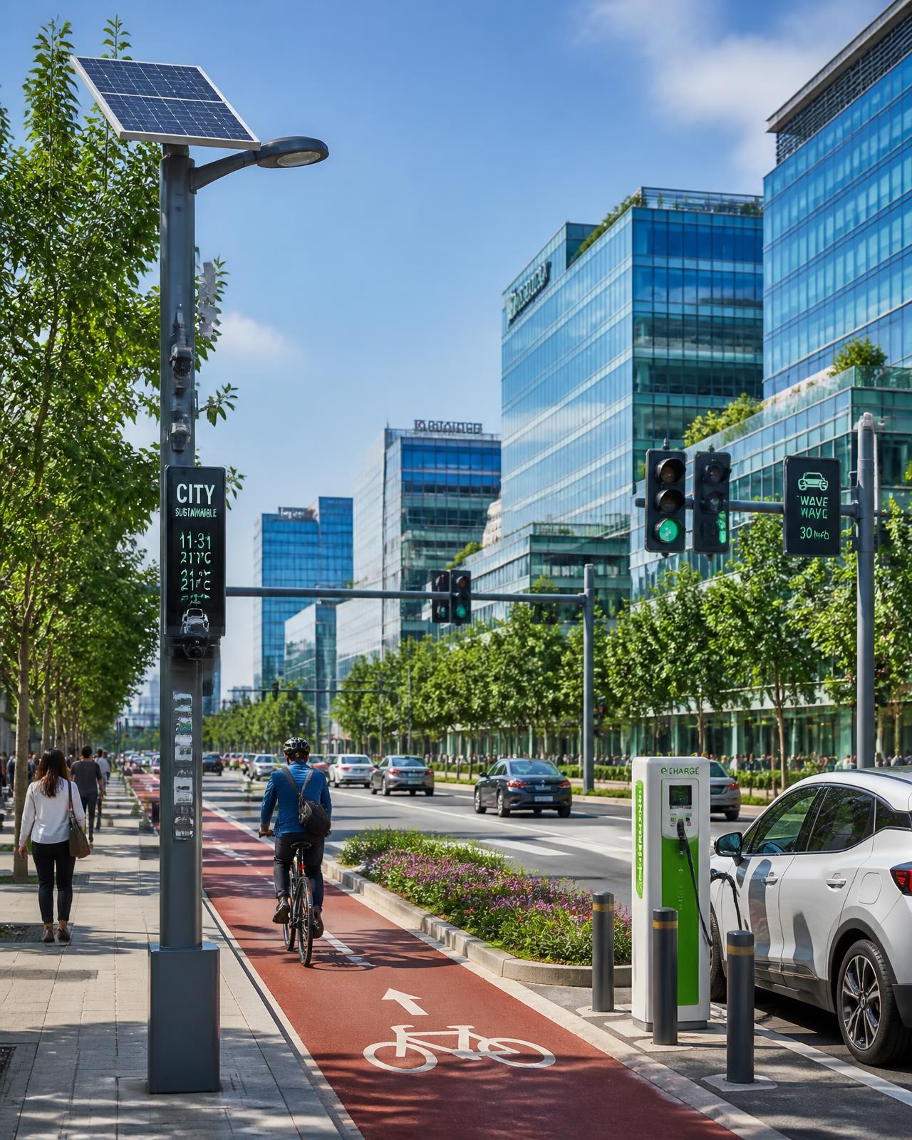 A modern smart city street with a solar sensor pole, smart traffic lights, a bike lane and an electric car charger